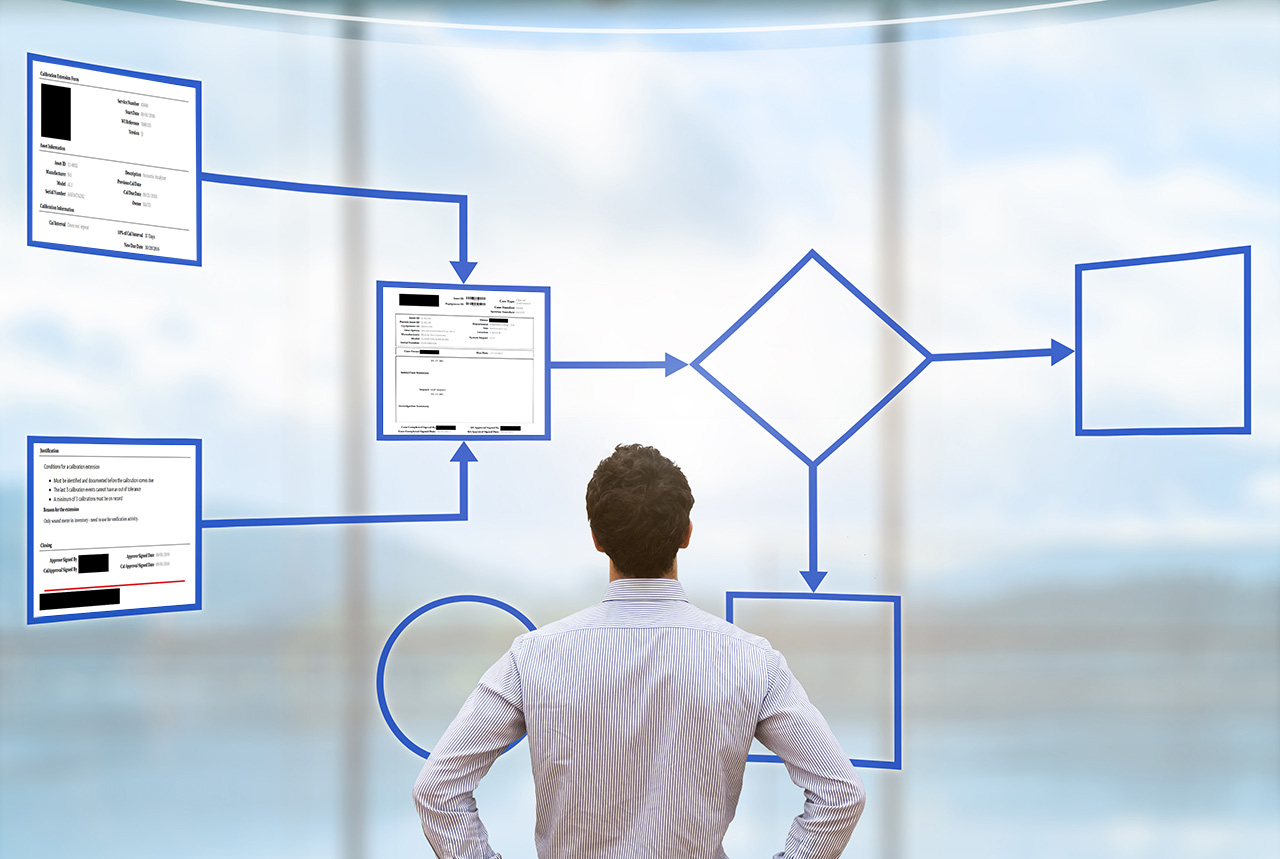 Business process management and automation concept with a workflow flowchart on a digital screen and a businessman