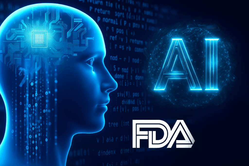 cyber being in blue and the words AI and FDA