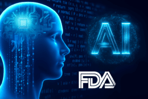 cyber being in blue and the words AI and FDA