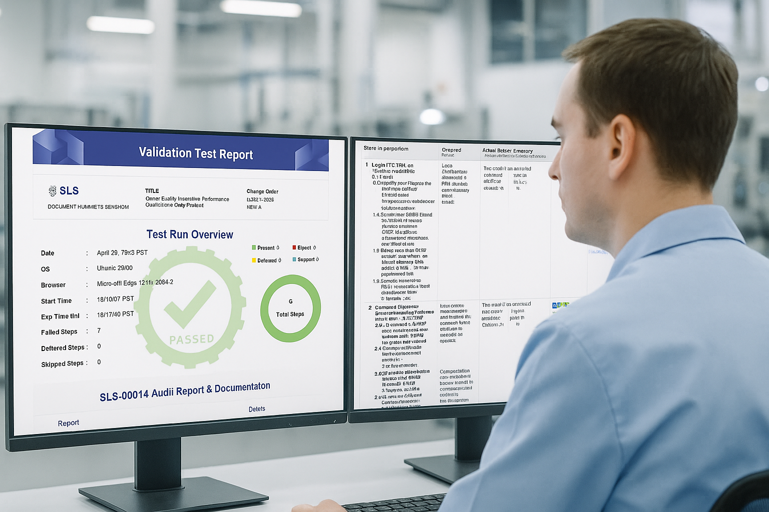 man looking at validation reports on screens