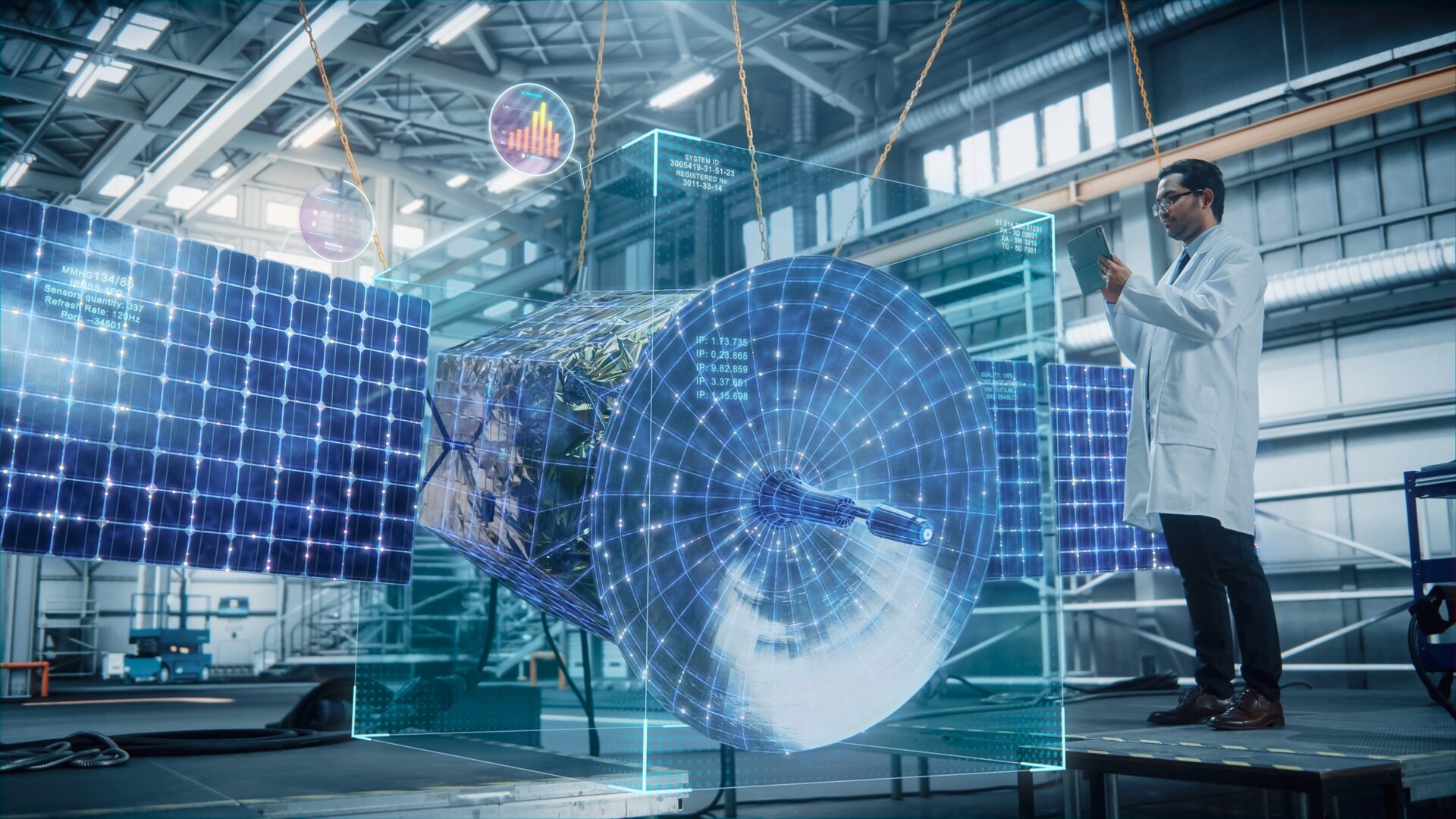 Male,Engineer,Uses,Tablet,Computer,For,Satellite,Construction.,Aerospace,Agency: