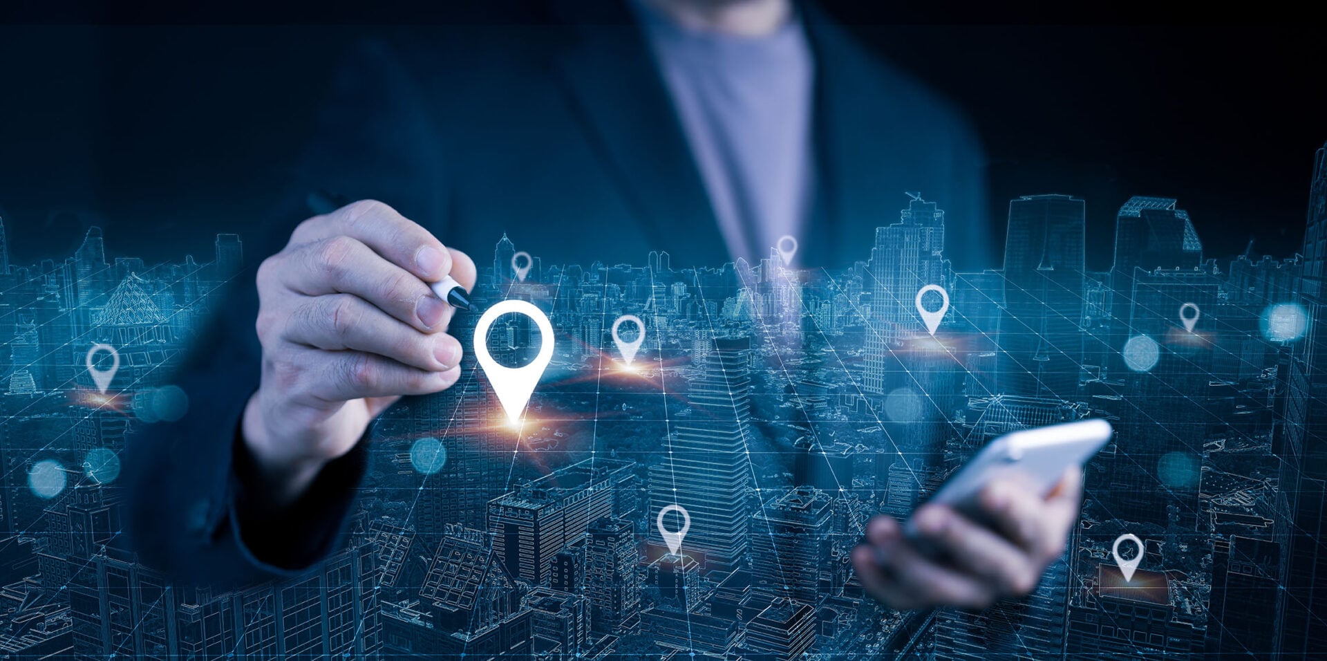 Businessman using mobile phone and stylus for smart city location mapping. Digital location pins and cityscape for modern navigation technology and data connectivity