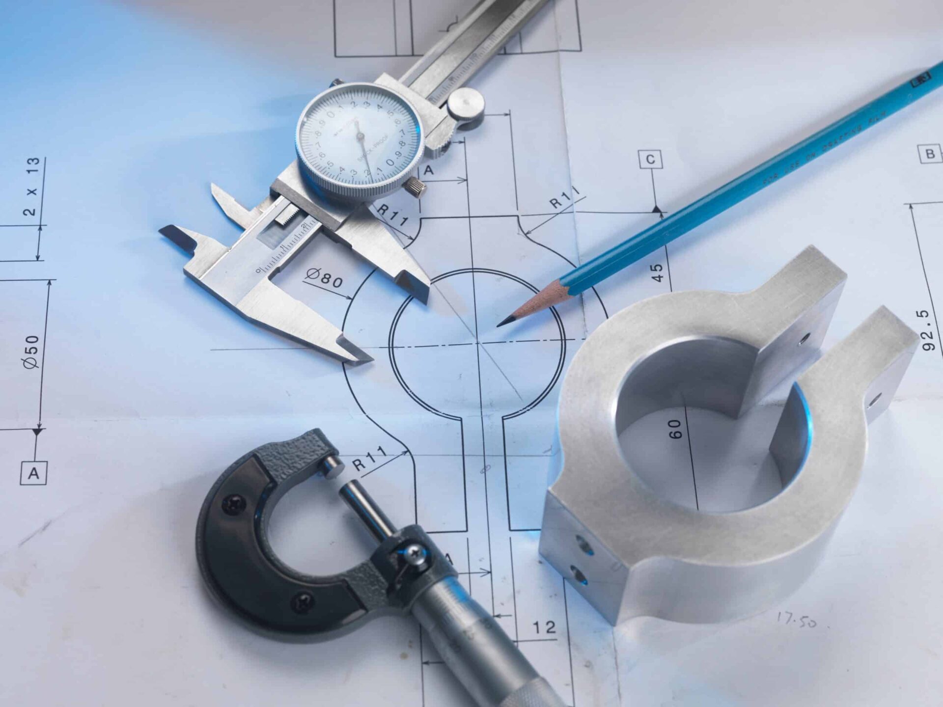 Engineering,Drawing,With,Product,,Micrometer,And,Calipers