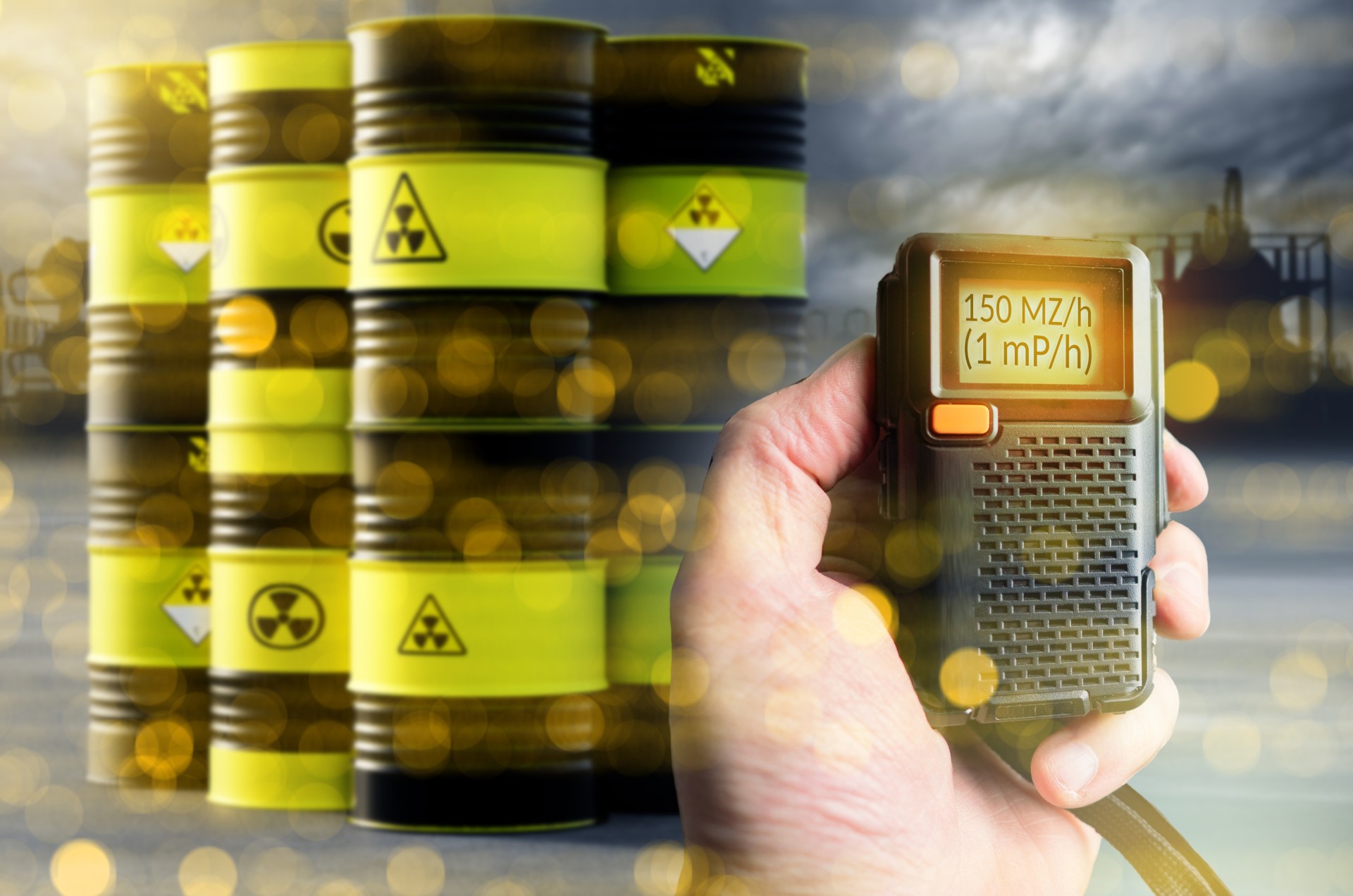 Radiation meter device with barrels with radioactive fuel