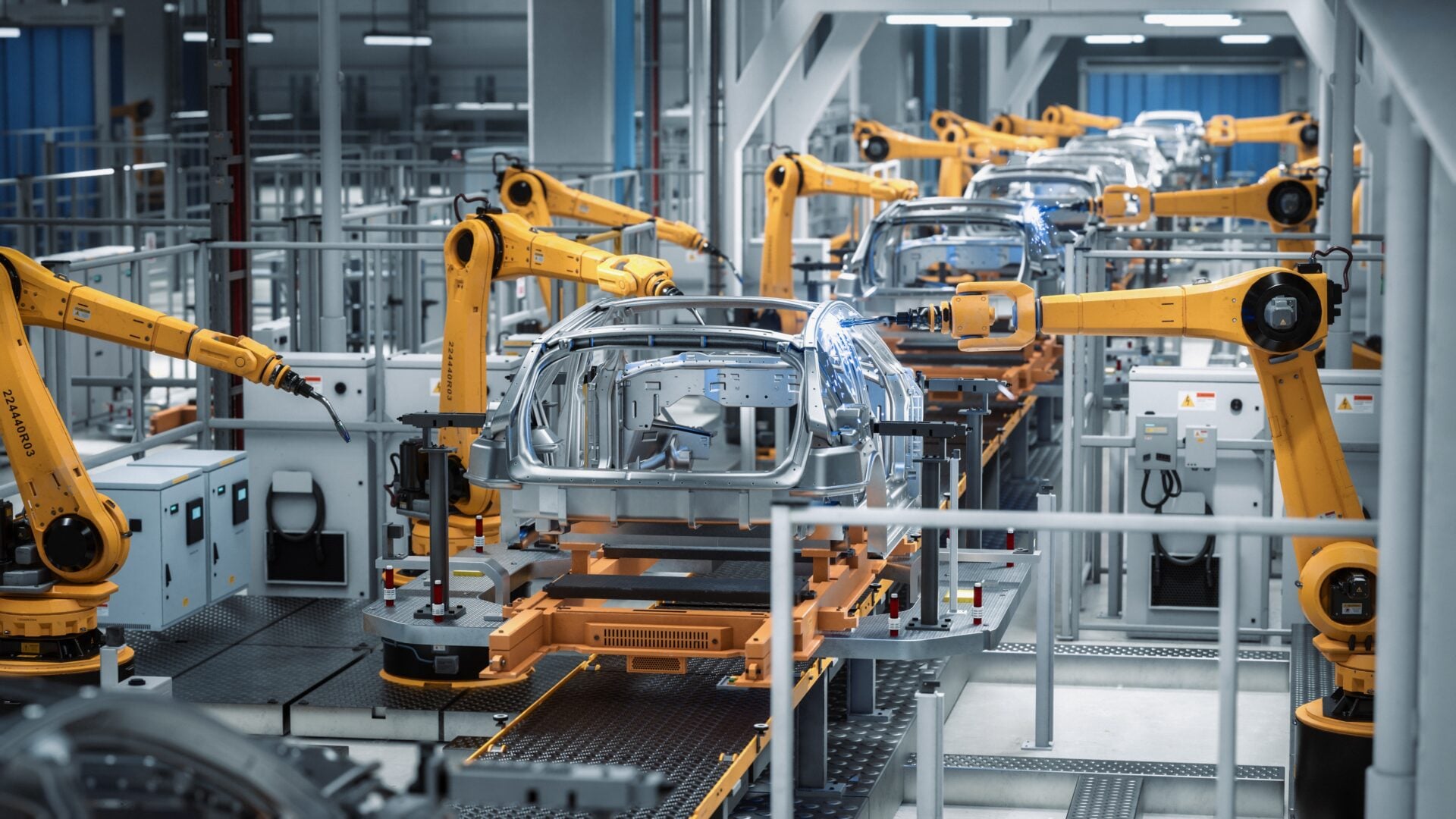 Car,Factory,3d,Concept:,Automated,Robot,Arm,Assembly,Line,Manufacturing