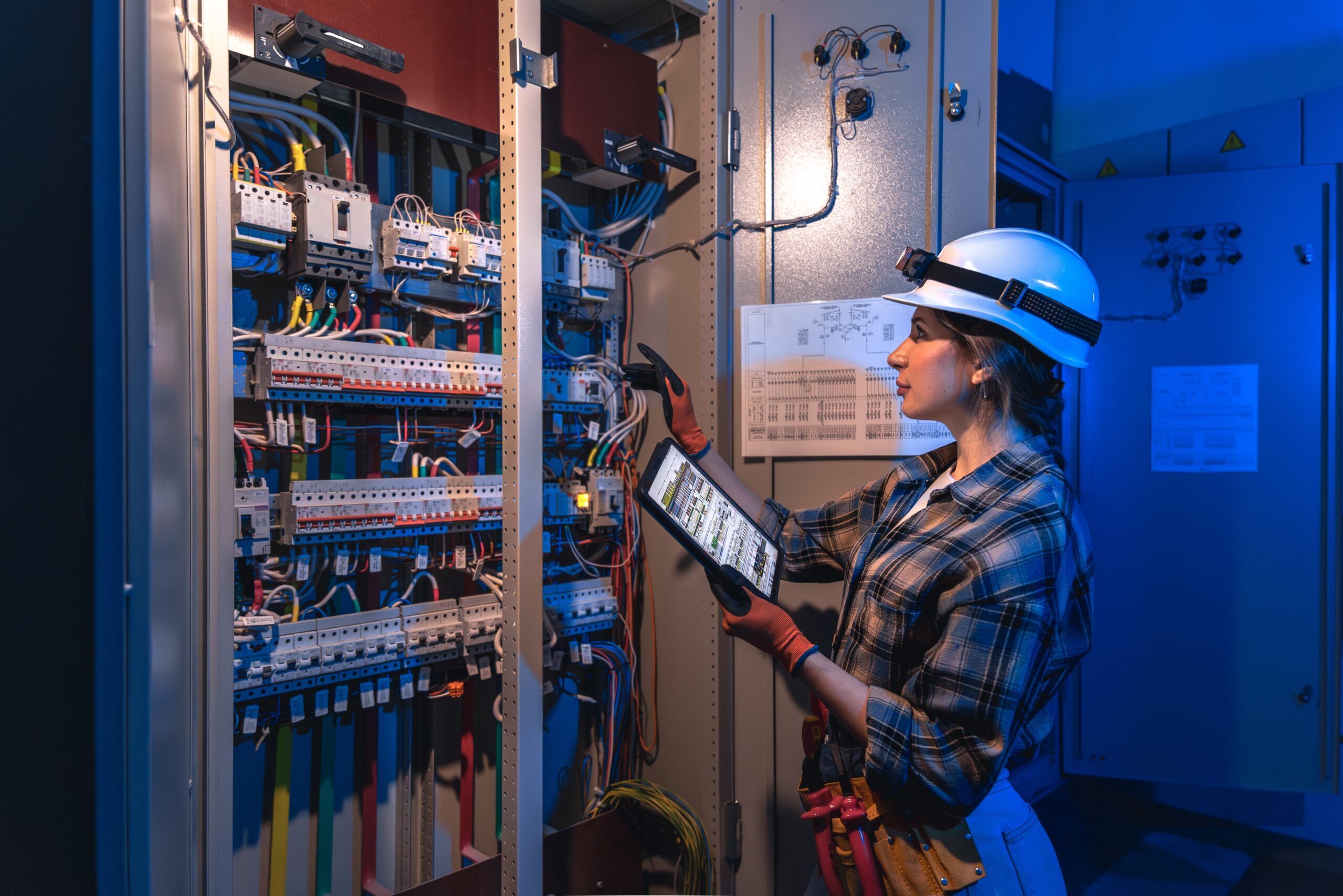 Electrician,Works,With,Industrial,Switchgear,And,Tablet.,Digital,Inspection.