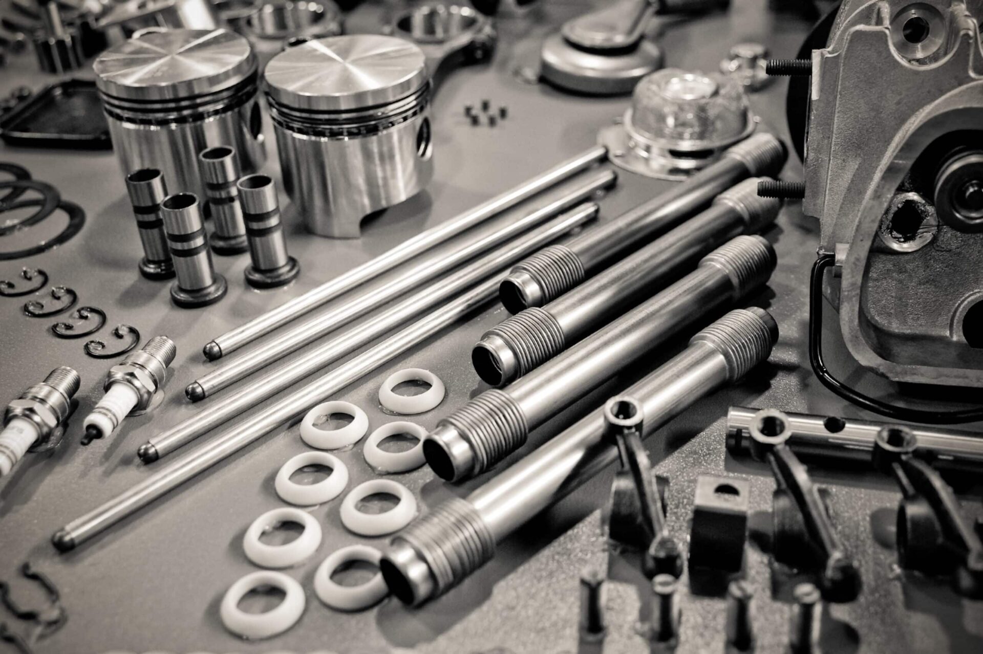 Collection,Of,Sepia,Toned,Precision,Auto,Engine,Parts,Laid,Out