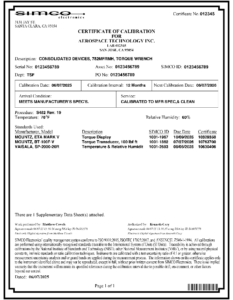 SIMCO Electronics Certificate of Calibration for a torque wrench